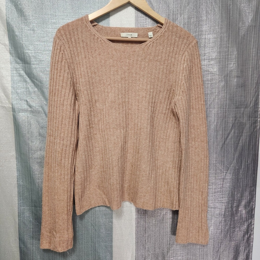 Vince Wool Cashmere Ribbed Knit Crew Neck Sweater L Pink Rose Coquette Luxury